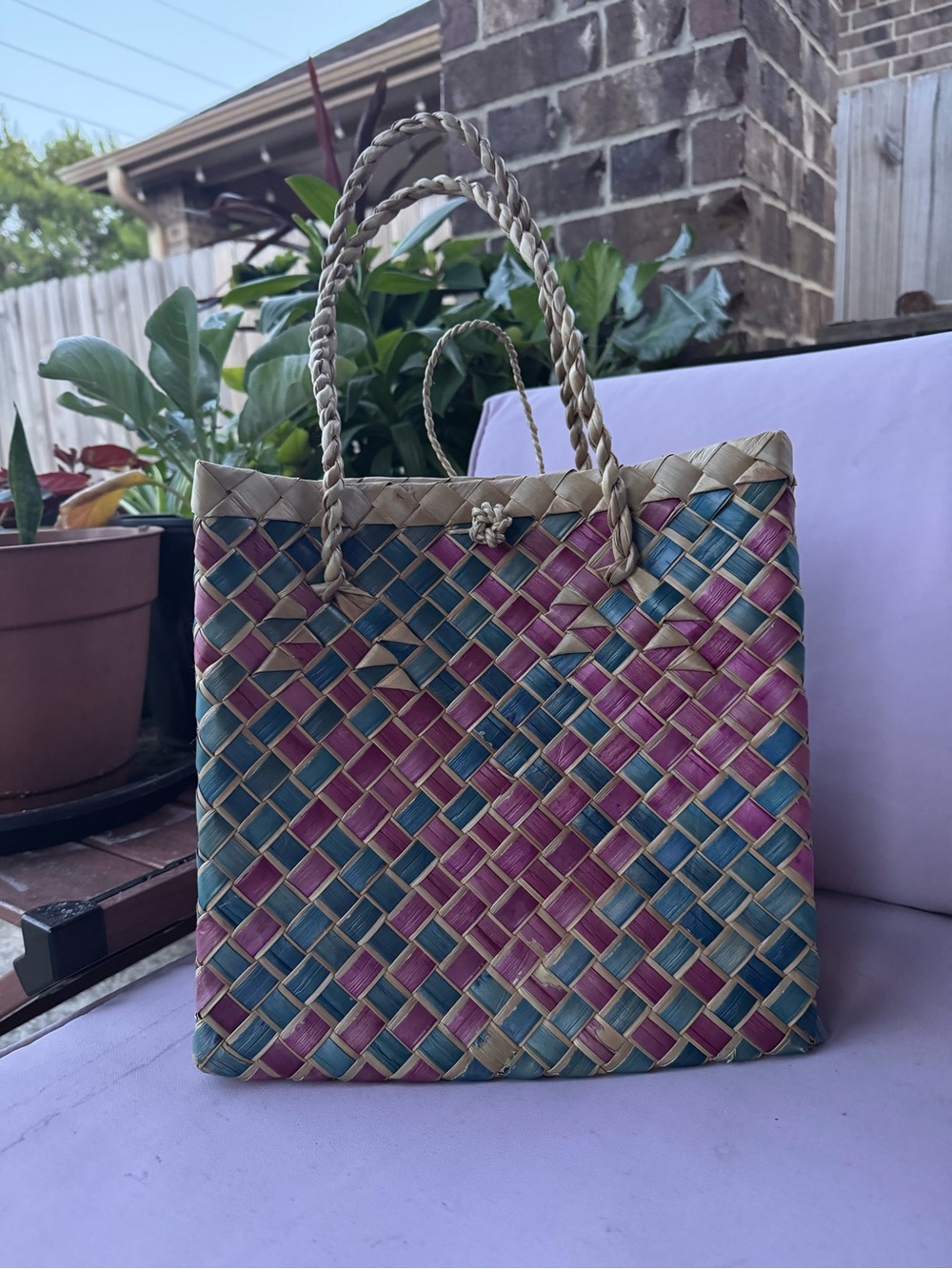Handwoven Pink & Blue palm leaves Tote Bag with Braided Handles